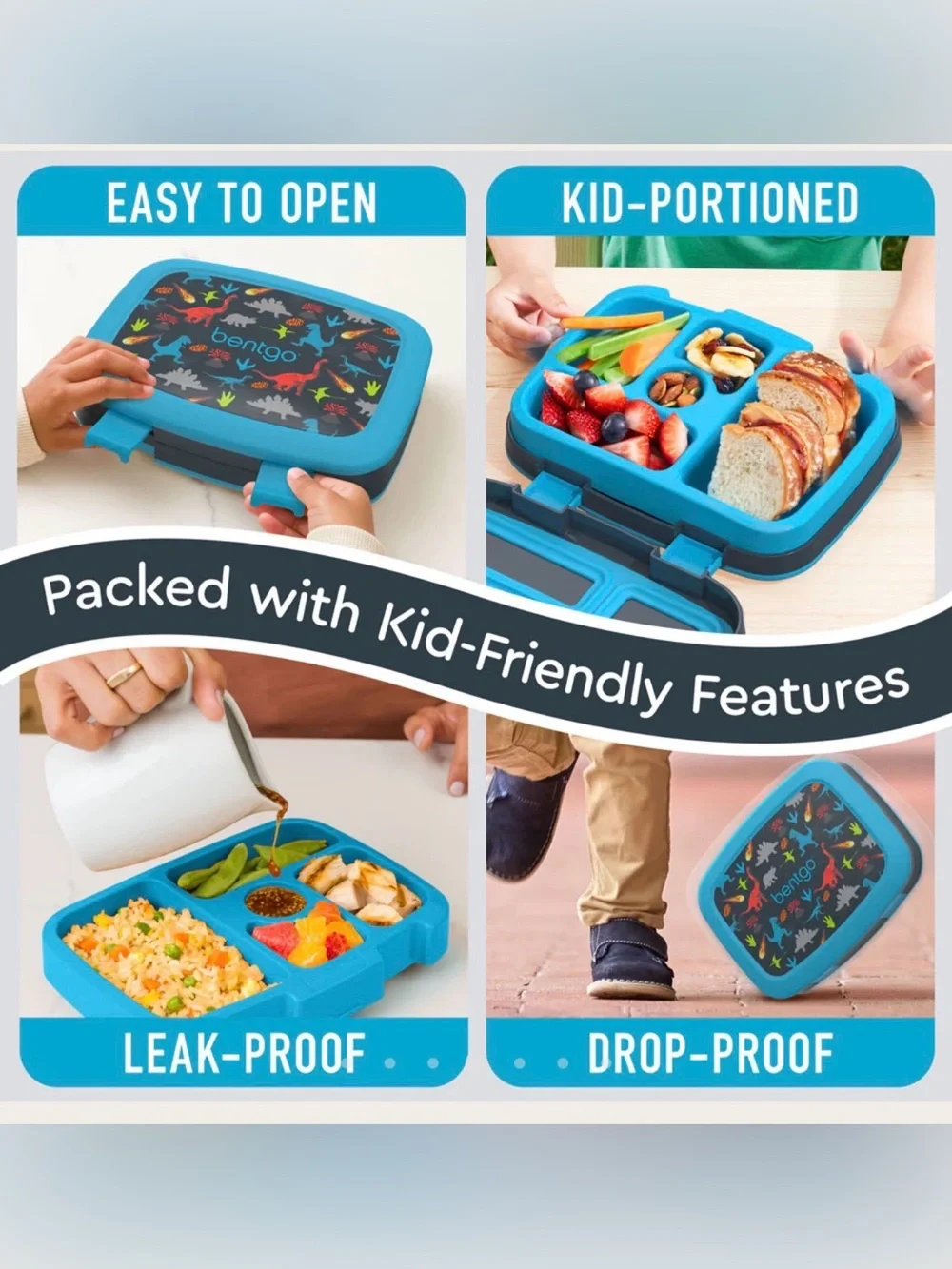 Bentgo Kids Leak-Proof Bento Lunch Box, Navy Dinosaur, Ages 3-7, BGKDPT-DNO